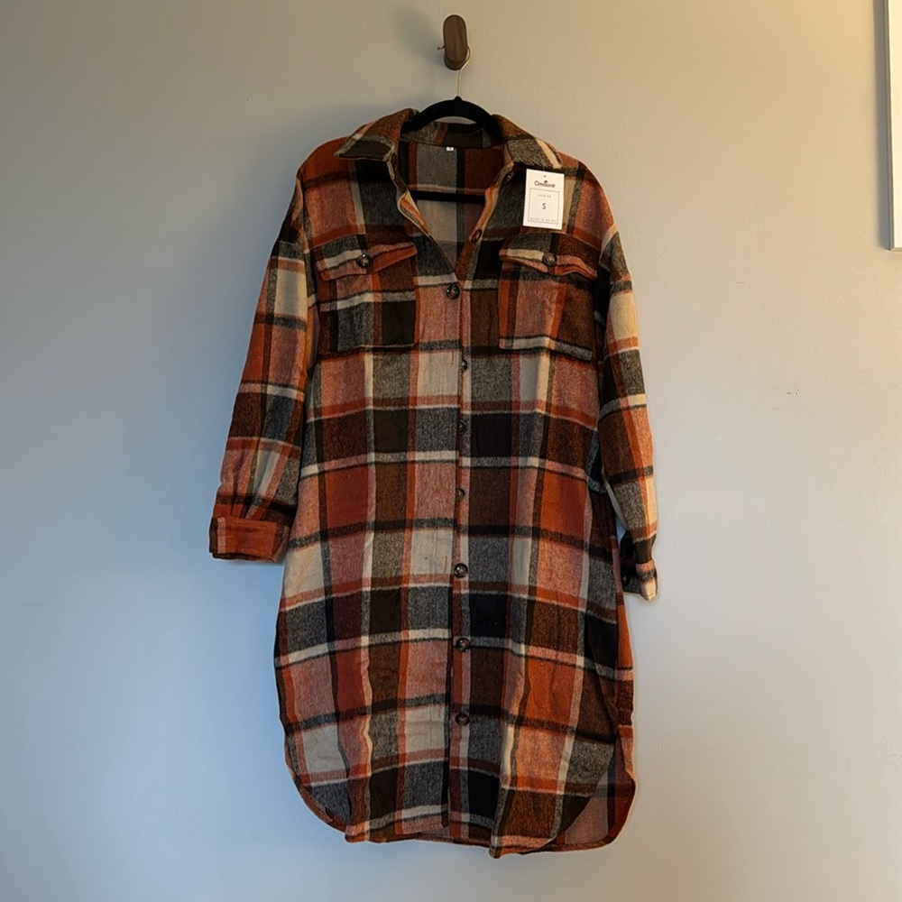 Long flannel plaid shacket
